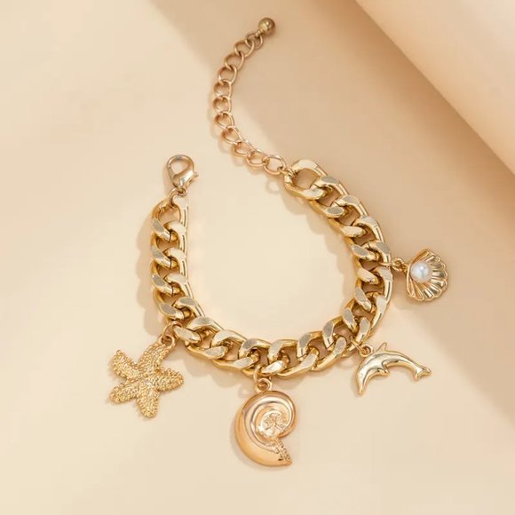 Bimini Beachwear Gold Sea Life Charm Bracelet - 18kt Gold Vermeil - Gift - Picture 2 of 4